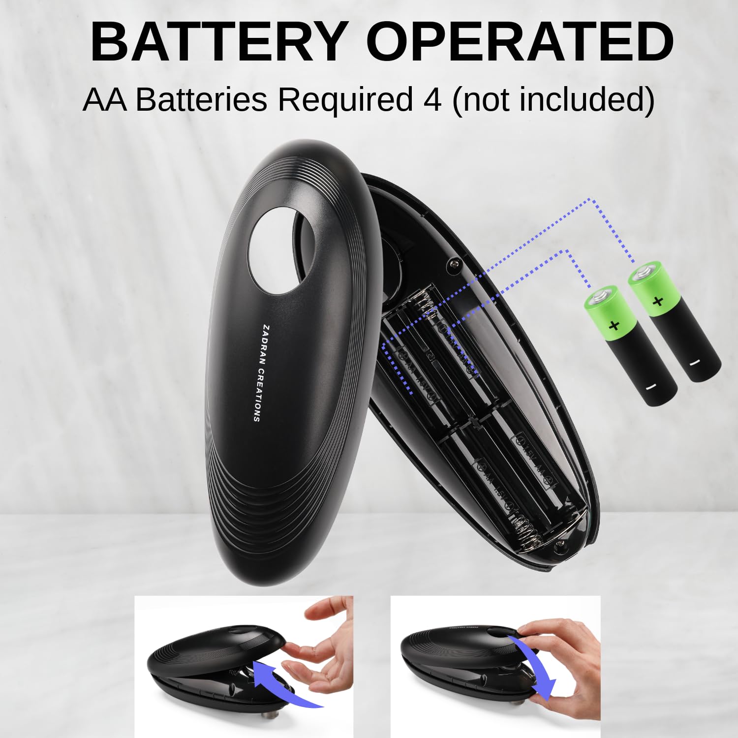 Fácil almacenamiento con abrelatas eléctrico Zadran Creations para cocinas compactas.