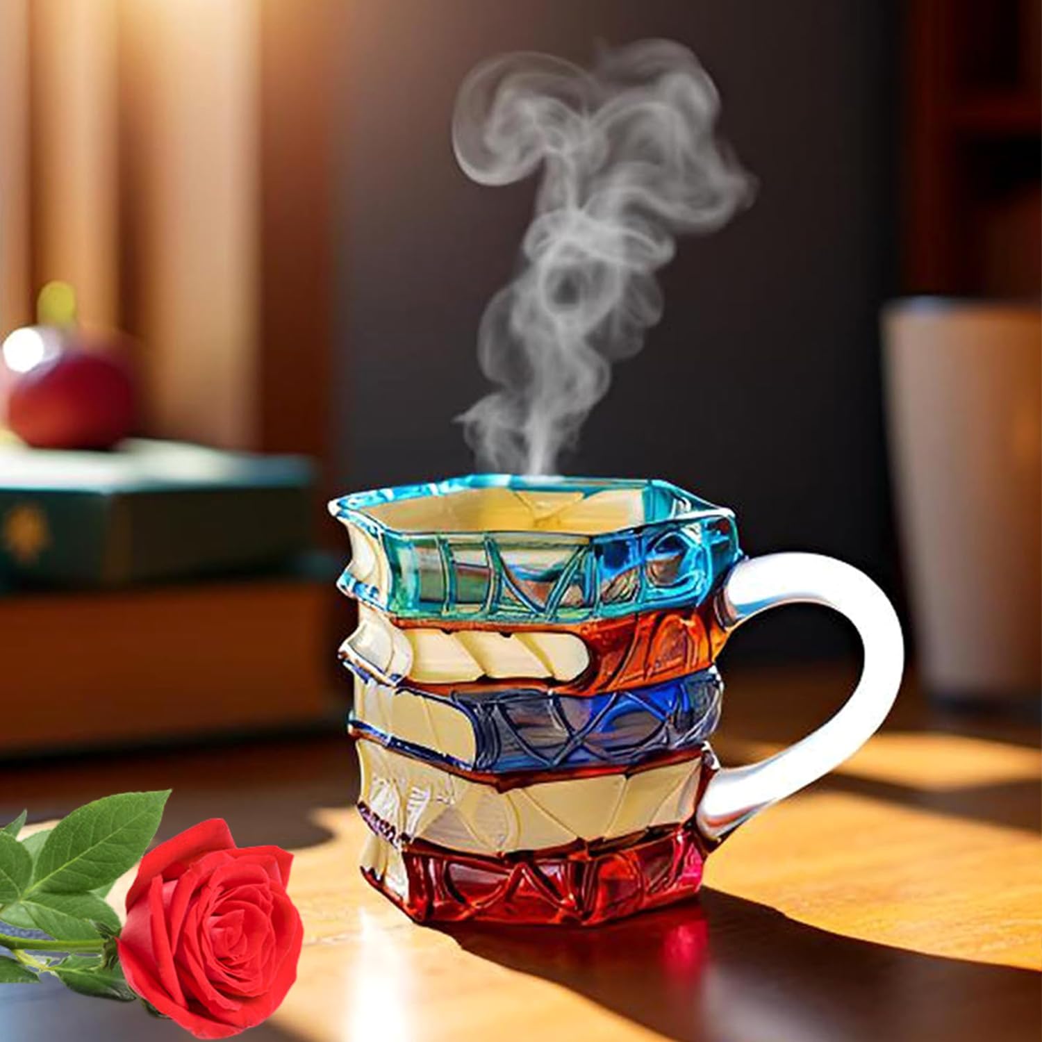 Taza ZAGEVIVIN de vidrio con libros apilados, perfecta para escribir y leer.