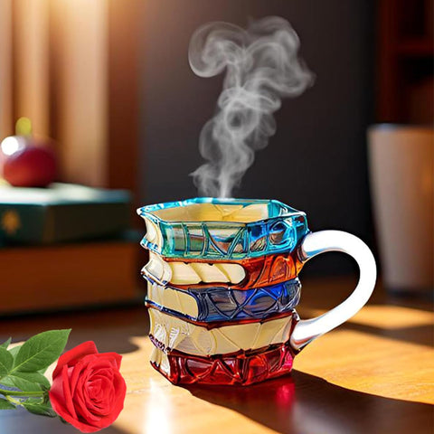 Taza ZAGEVIVIN de vidrio con libros apilados, perfecta para escribir y leer.