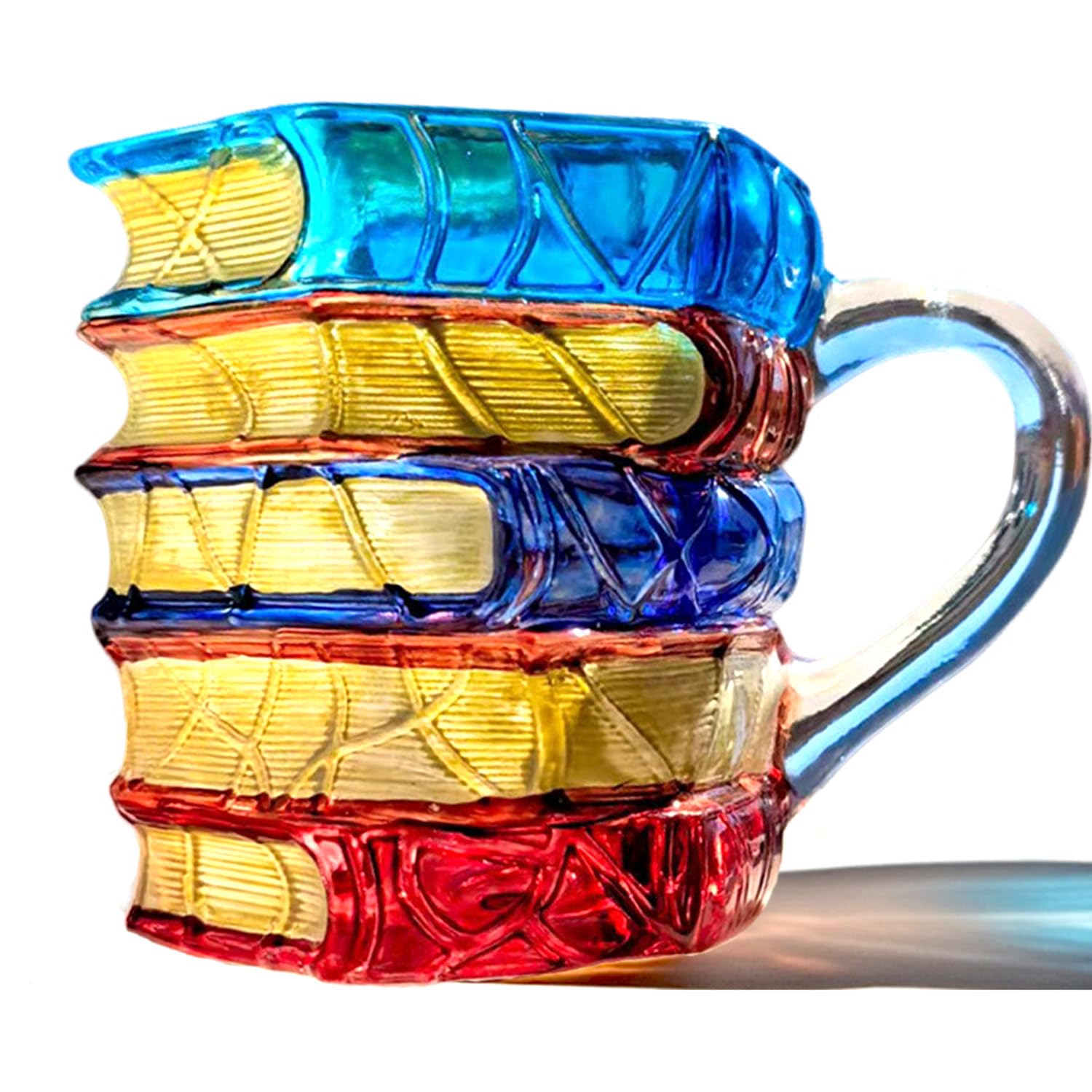Taza ZAGEVIVIN de vidrio pintada a mano con pila de libros, ideal para café aromático.