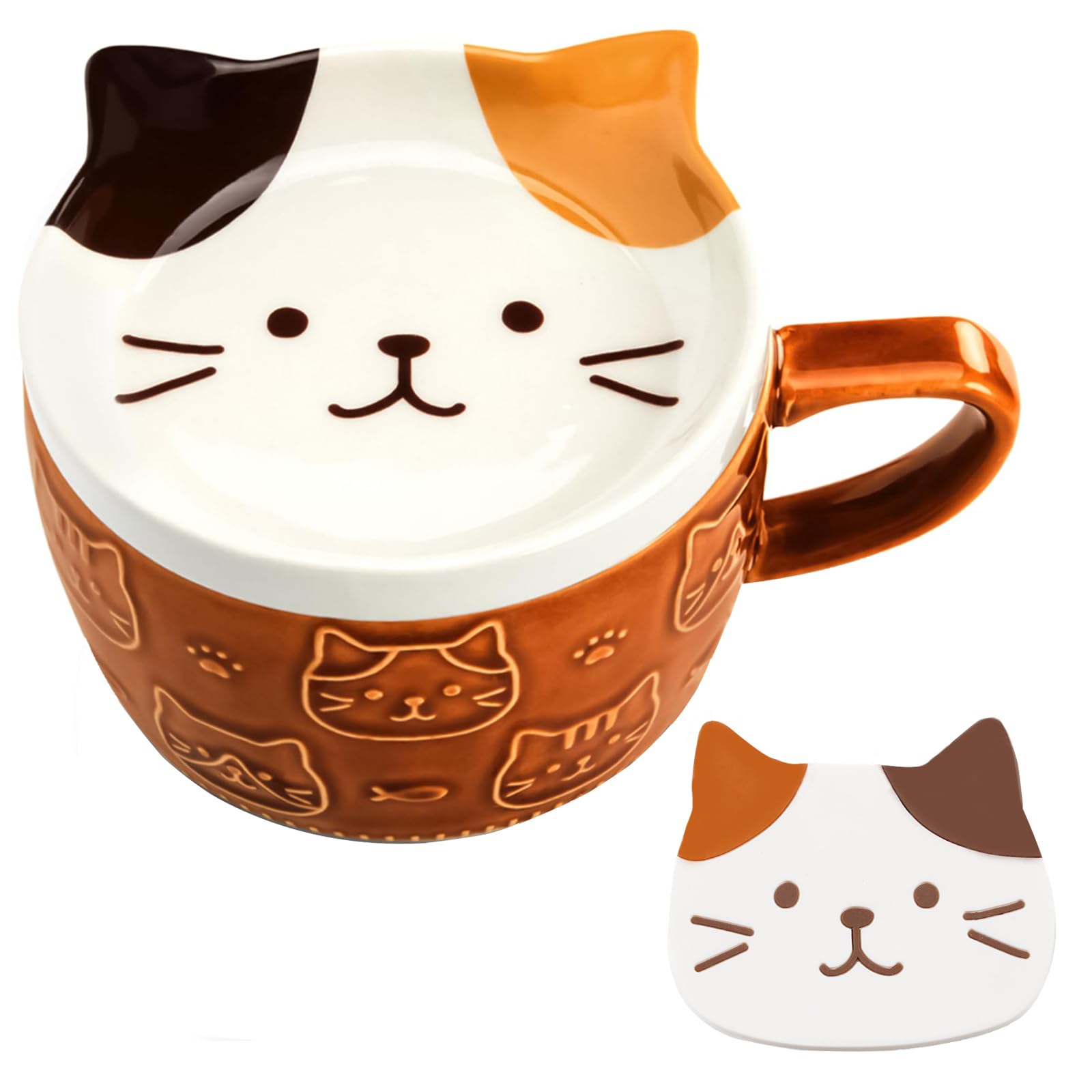 Taza ZAPVLVT con tapa amarilla y diseño de gato, ideal para café matutino.