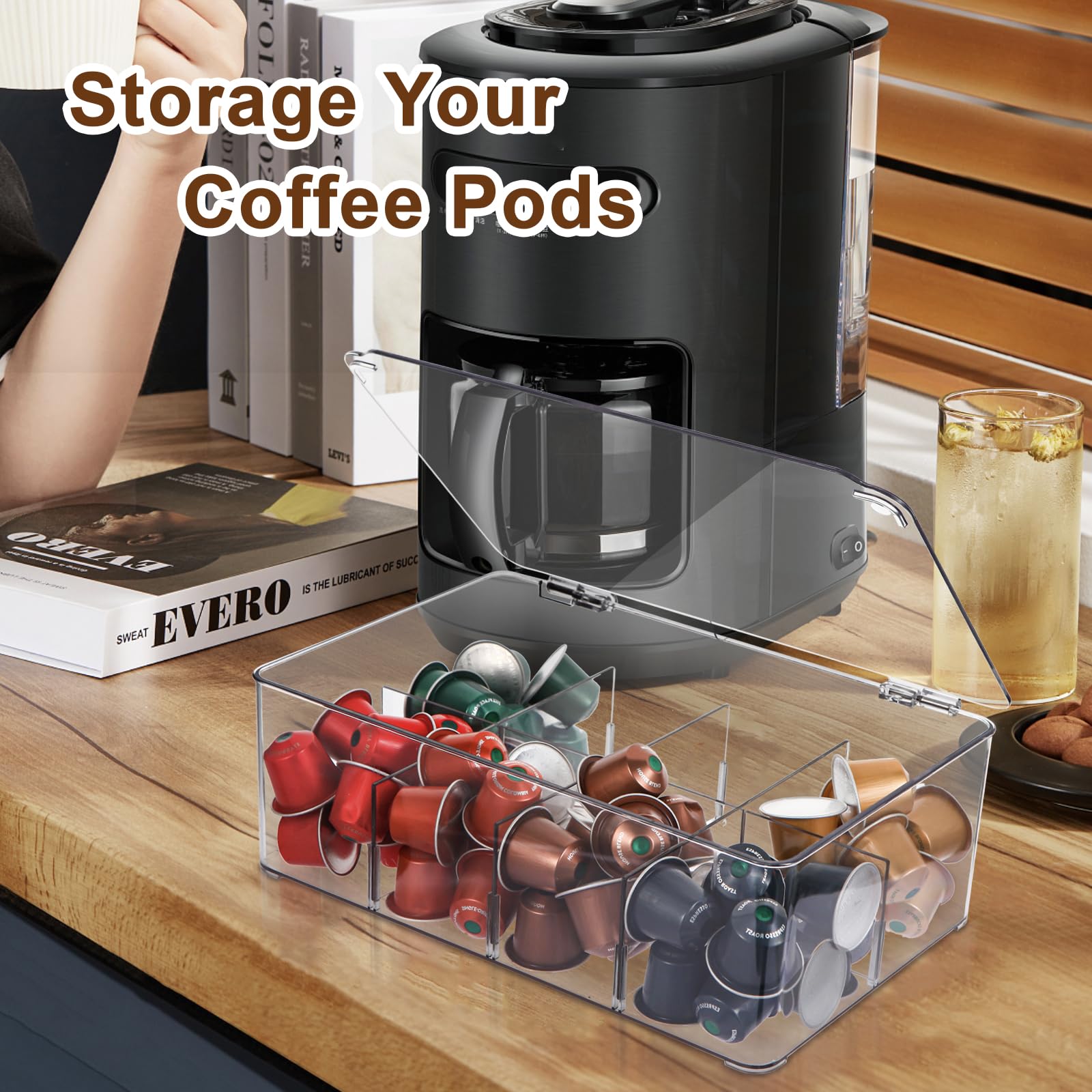 ZECENN porta-pods-cafe-con-tapa: tapa que protege cápsulas y mantiene la encimera limpia.