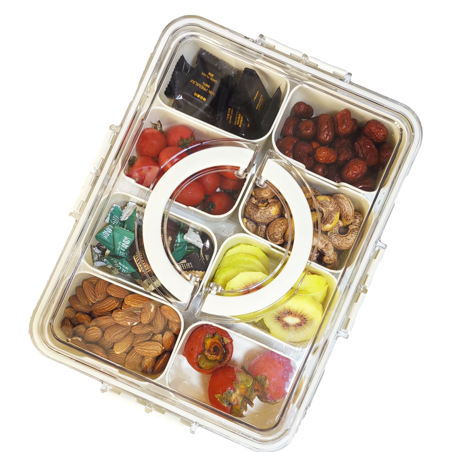 ZEENING bandeja snack dividida con tapa y asa, ideal para transportar aperitivos.