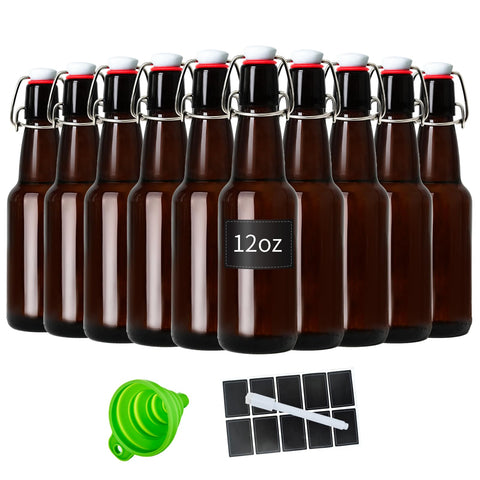 Botella Zelomithe 12oz ámbar con tapa swing, vista frontal para almacenamiento seguro.