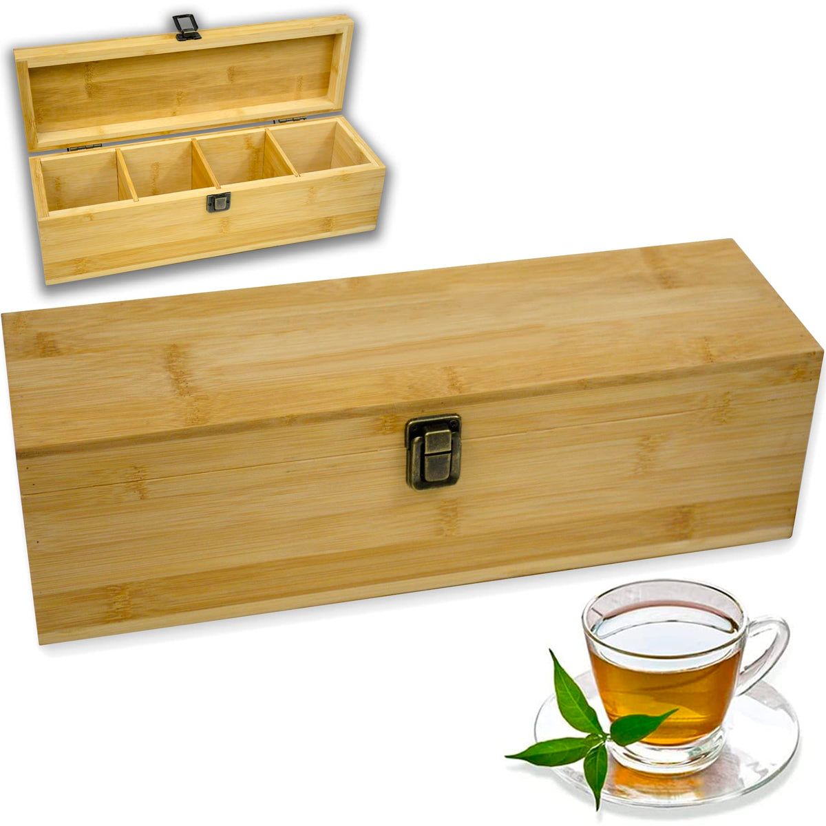 Zen Earth Inspired organizador de té en bambú con bolsillos grandes para saquitos y hojas