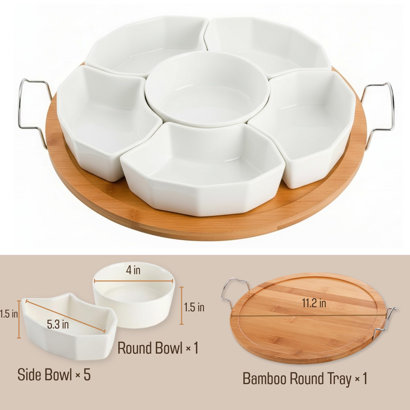 ZENFUN bandeja cerámica dividida con seis compartimentos, perfecta para aperitivos.