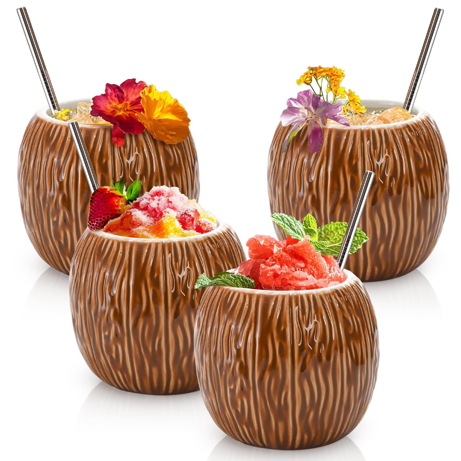 Zenfun tazas tiki de coco de cerámica, capacidad de 17 oz para cócteles tropicales.