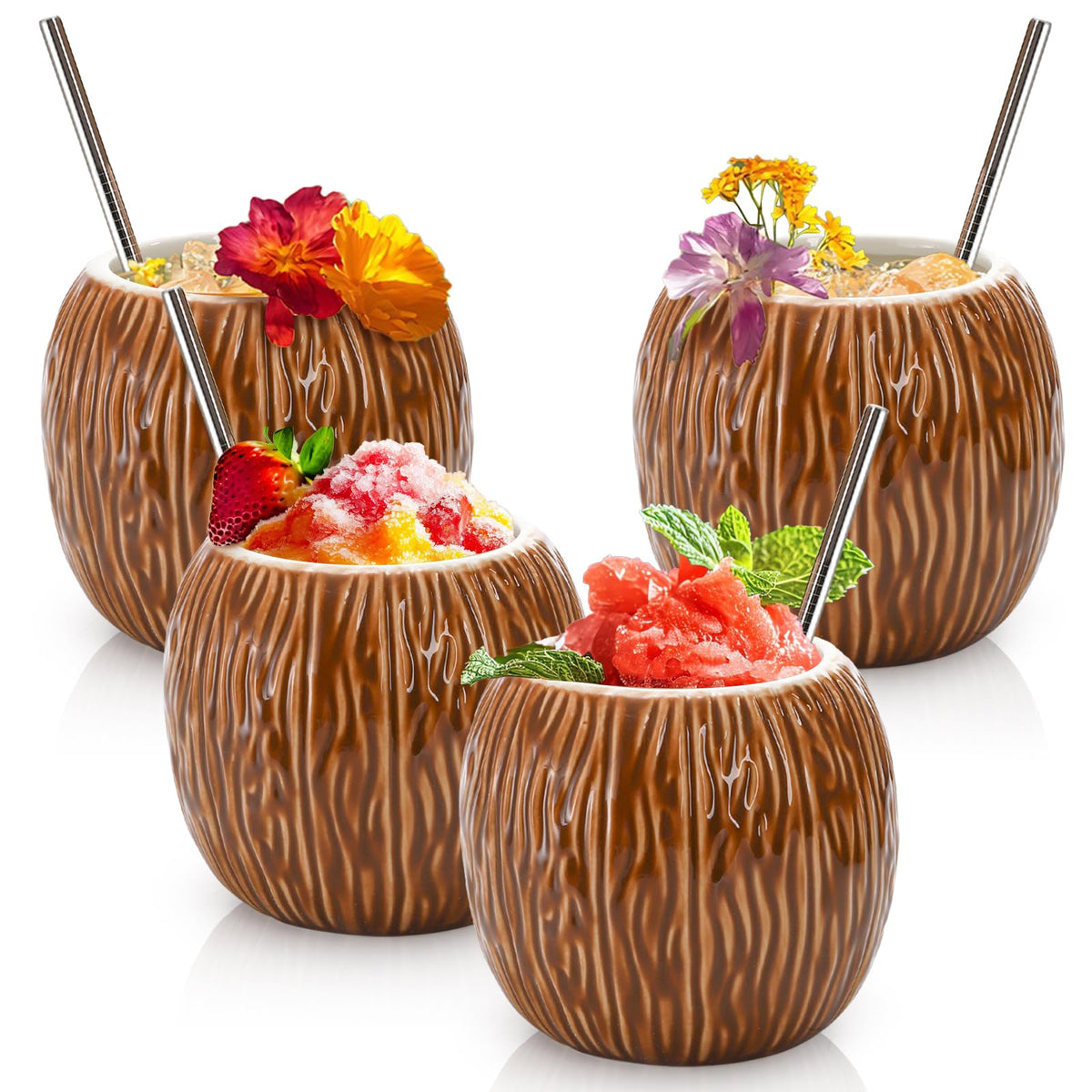 Zenfun tazas tiki de coco de cerámica, capacidad de 17 oz para cócteles tropicales.