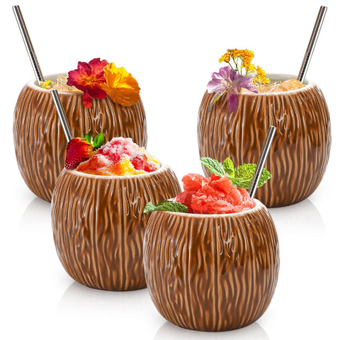 Zenfun tazas tiki de coco de cerámica, capacidad de 17 oz para cócteles tropicales.