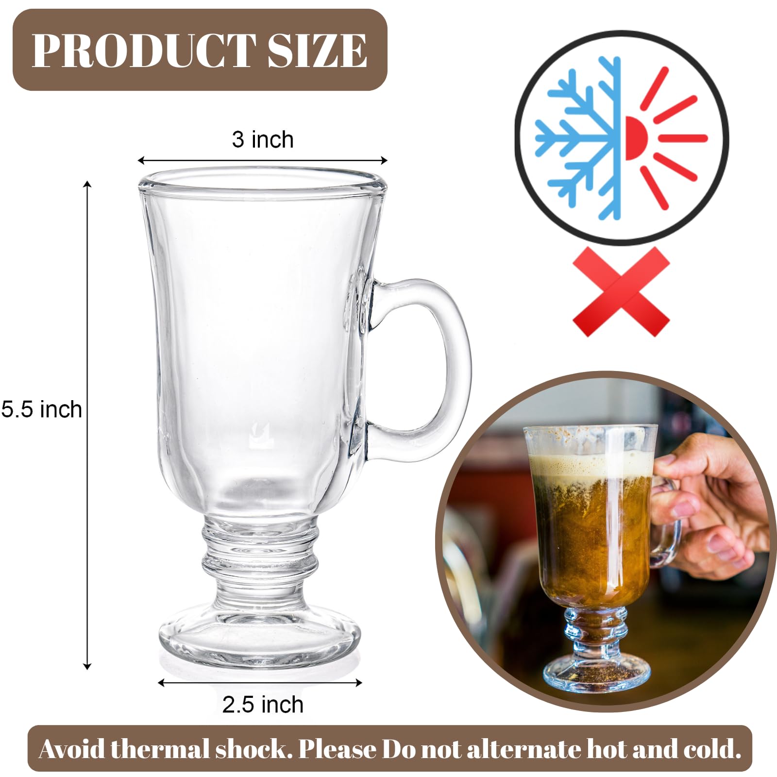 ZENFUN taza de vidrio con pie 8oz, asa ergonómica para beber cómodamente