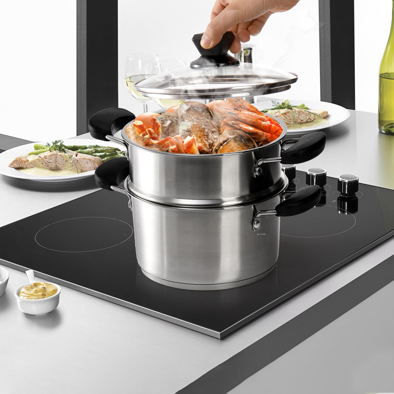 ZENFUN olla vaporera fácil de limpiar con acero inoxidable pulido.