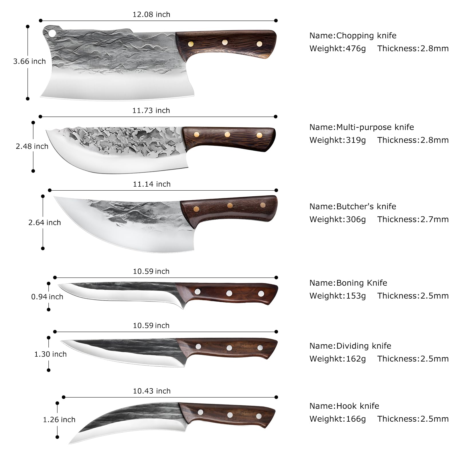 Cuchillo ZENG de picar de 12-08 pulgadas con filo resistente para carnes.