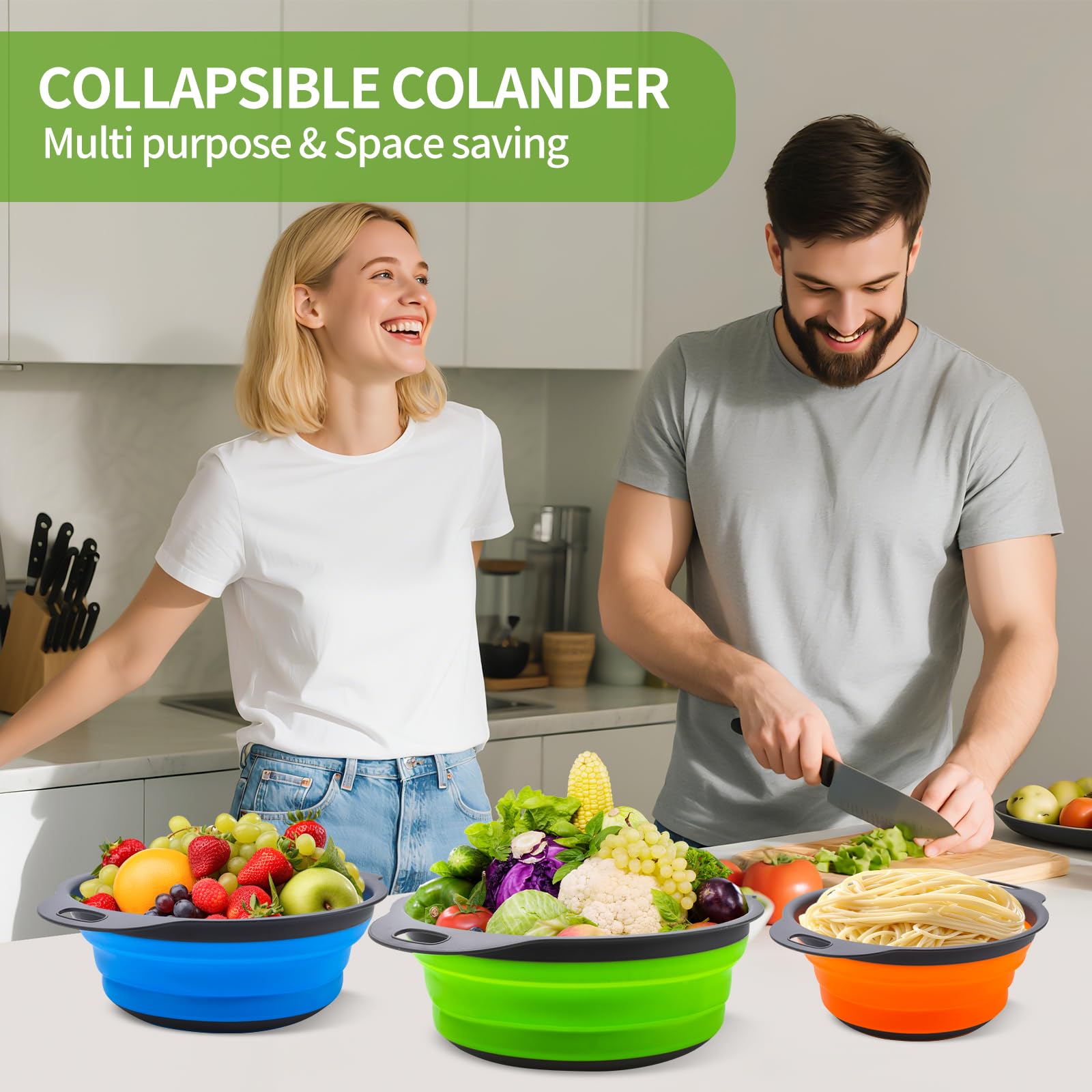 Colador plegable Zenovic codificado azul, perfecto para pasta y fideos.