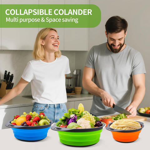 Colador plegable Zenovic codificado azul, perfecto para pasta y fideos.