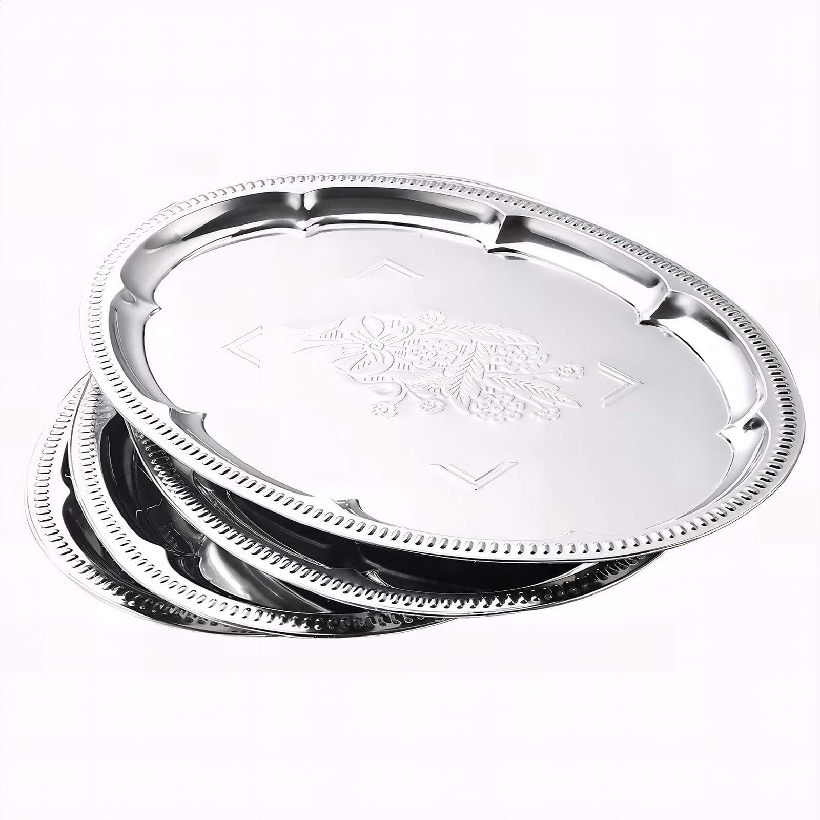 Bandeja ovalada de plata ZENOVLUX con grabado floral para presentaciones elegantes.