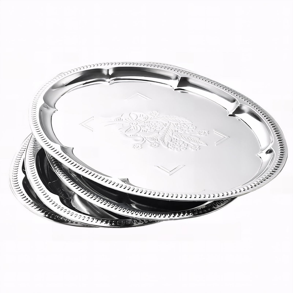 Bandeja ovalada de plata ZENOVLUX con grabado floral para presentaciones elegantes.