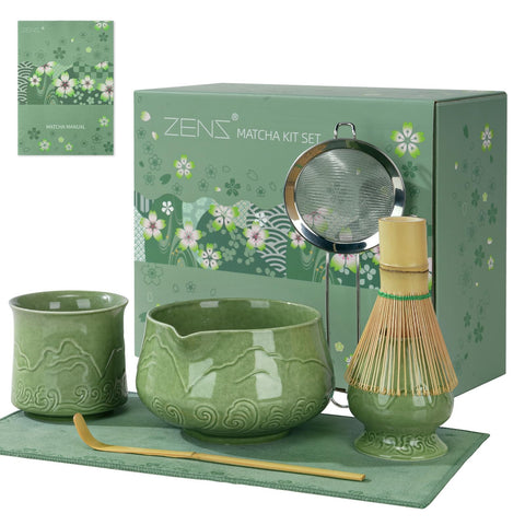 ZENS set de matcha con tazón esmeralda, ideal para batir y servir.