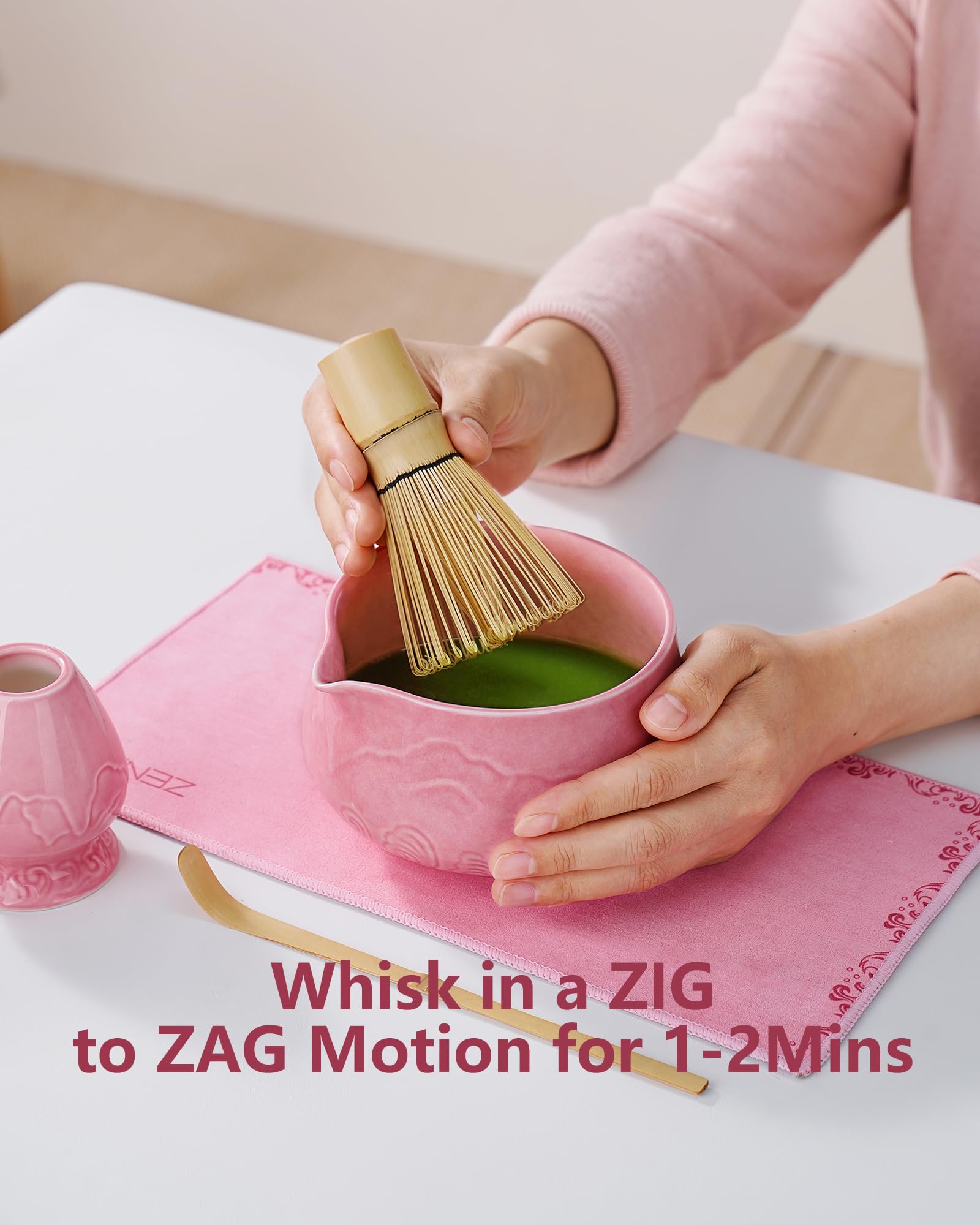 ZENS Conjunto Rosa para matcha: cuchara de bambú para medir y verter con precisión.