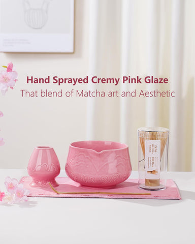 ZENS Conjunto Rosa para matcha: detalle en rosa que añade toque decorativo y práctico.