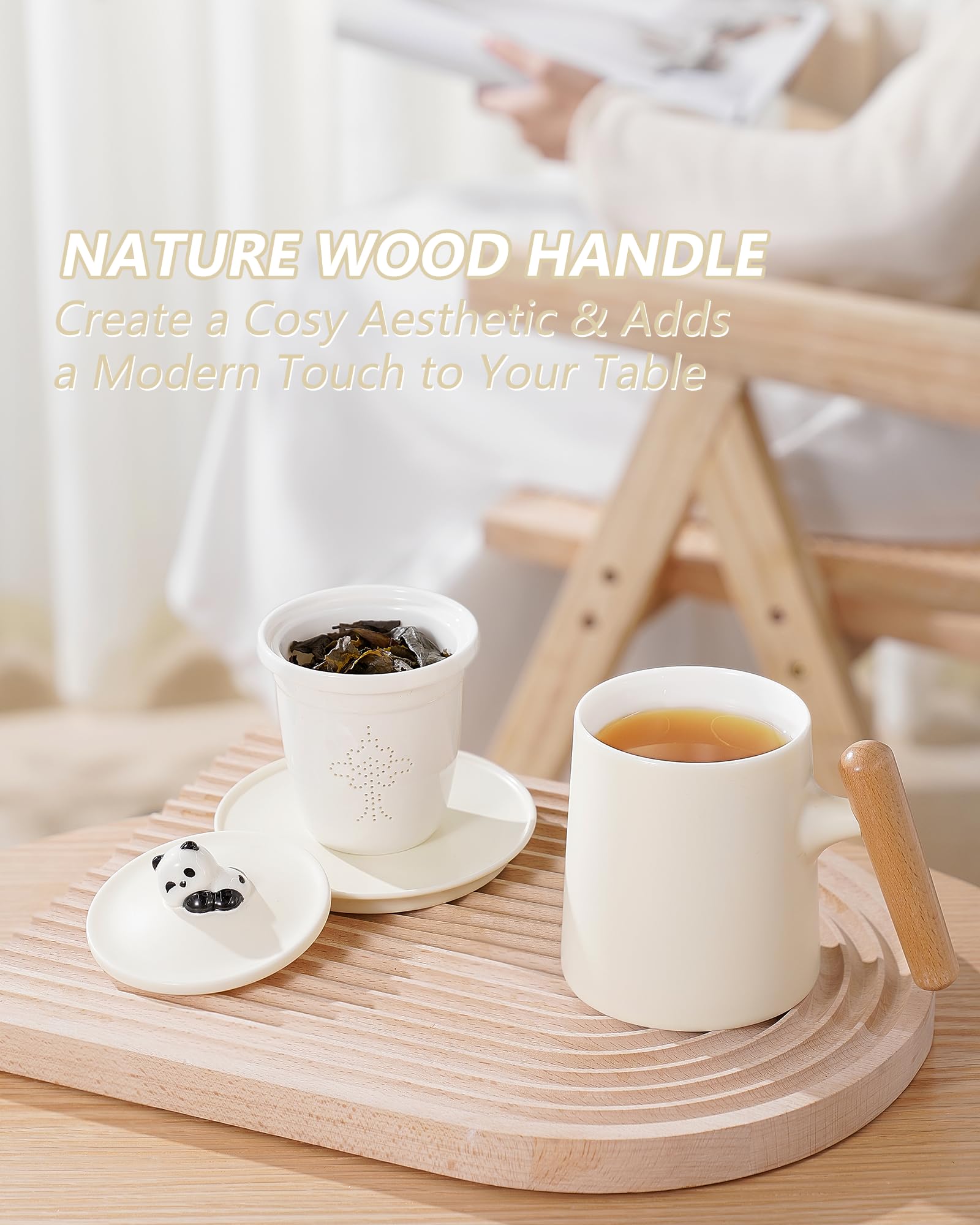 Tapa panda de cerámica ZENS, diseño adorable para conservar el calor del té.