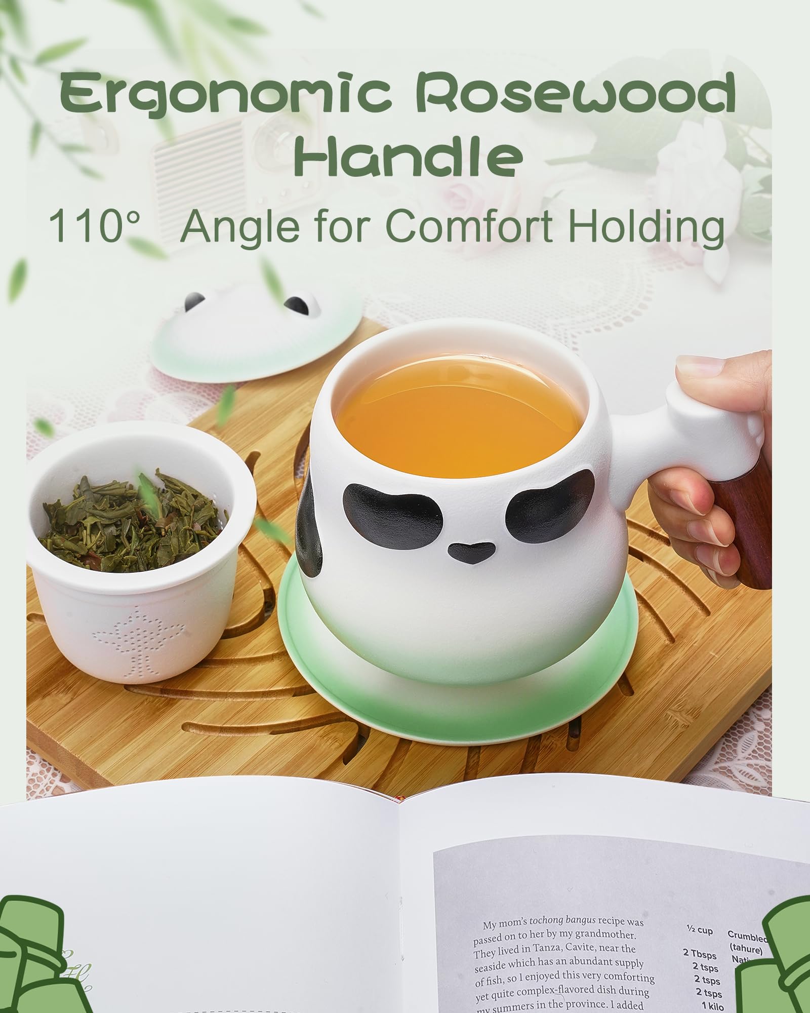 Taza ZENS panda de cerámica blanca con mango de madera ergonómico.