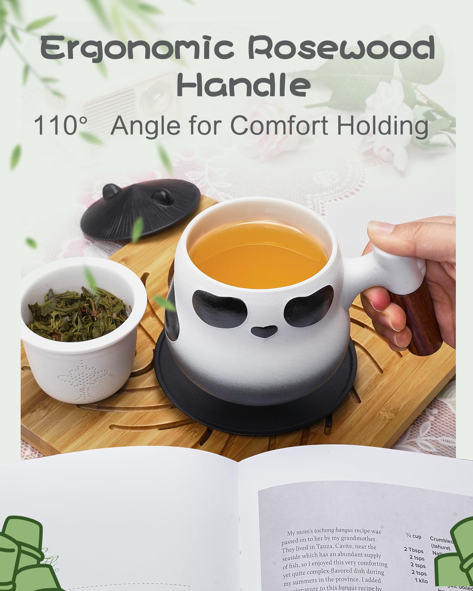 Taza ZENS panda con manija de madera, agarre cómodo y cálido.