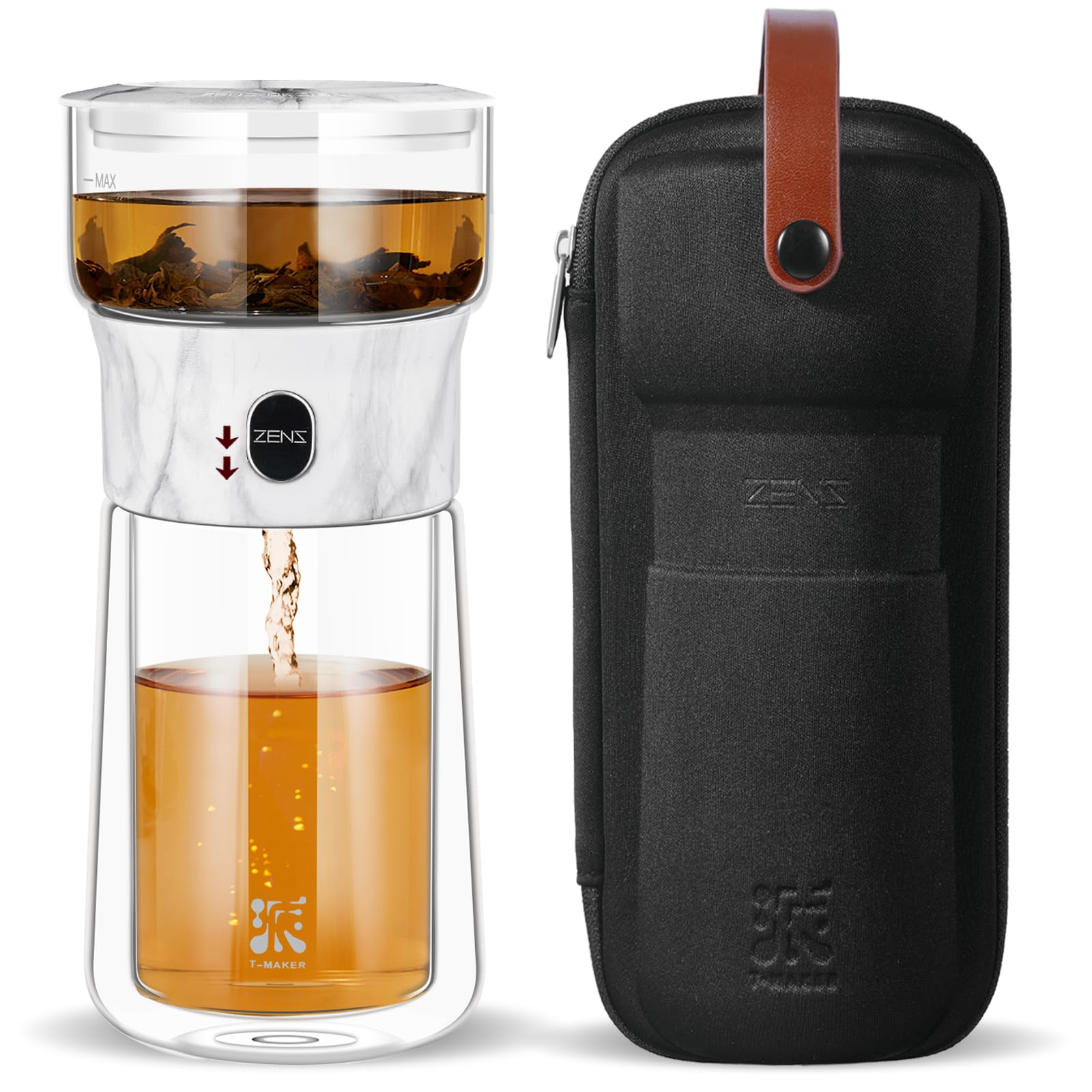 Tetera ZENS de cristal moderna con infusor, ideal para infusionar té suelto con precisión.