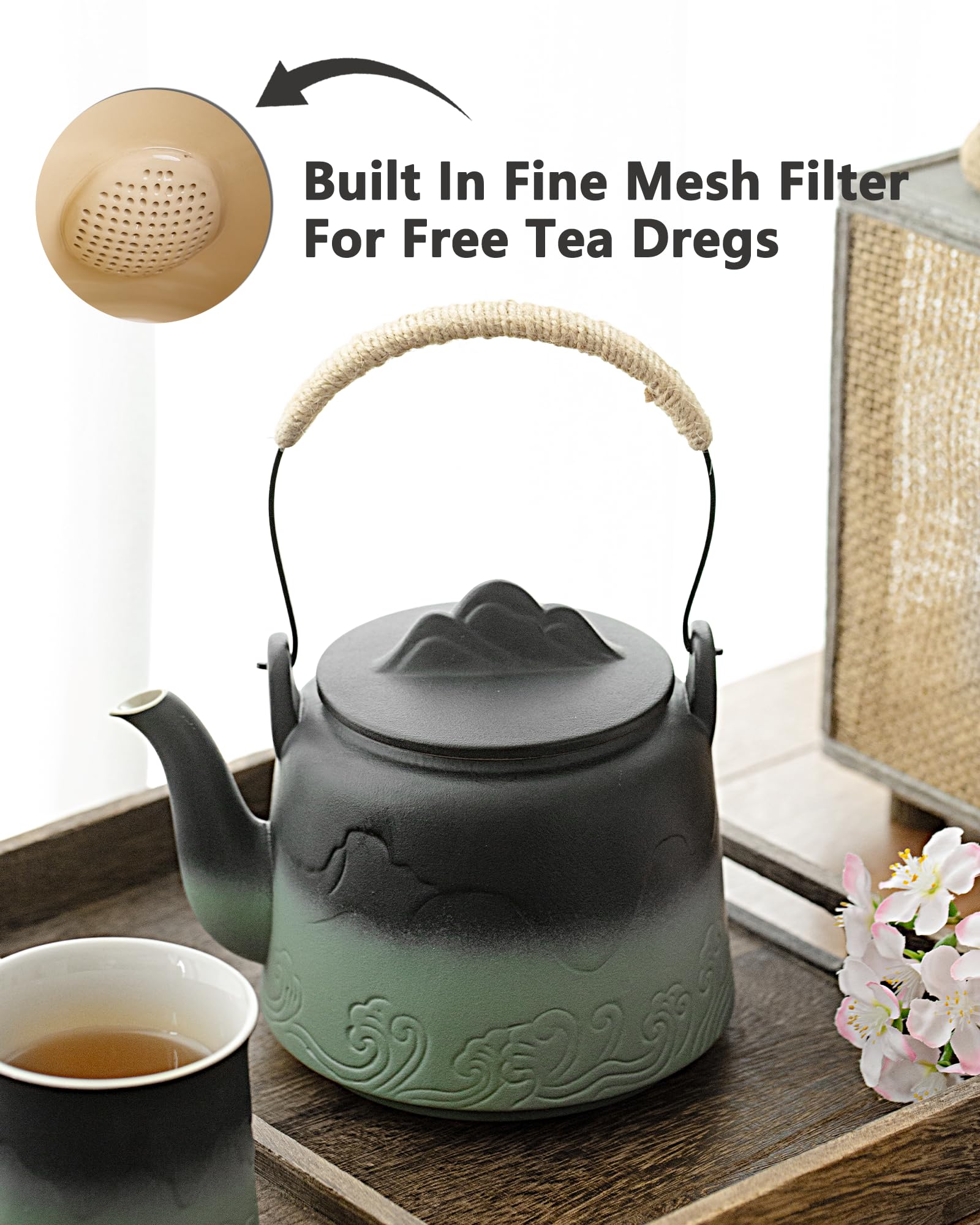 Tetera ZENS con asa de cuerda canamo, toque vintage para mesas de té