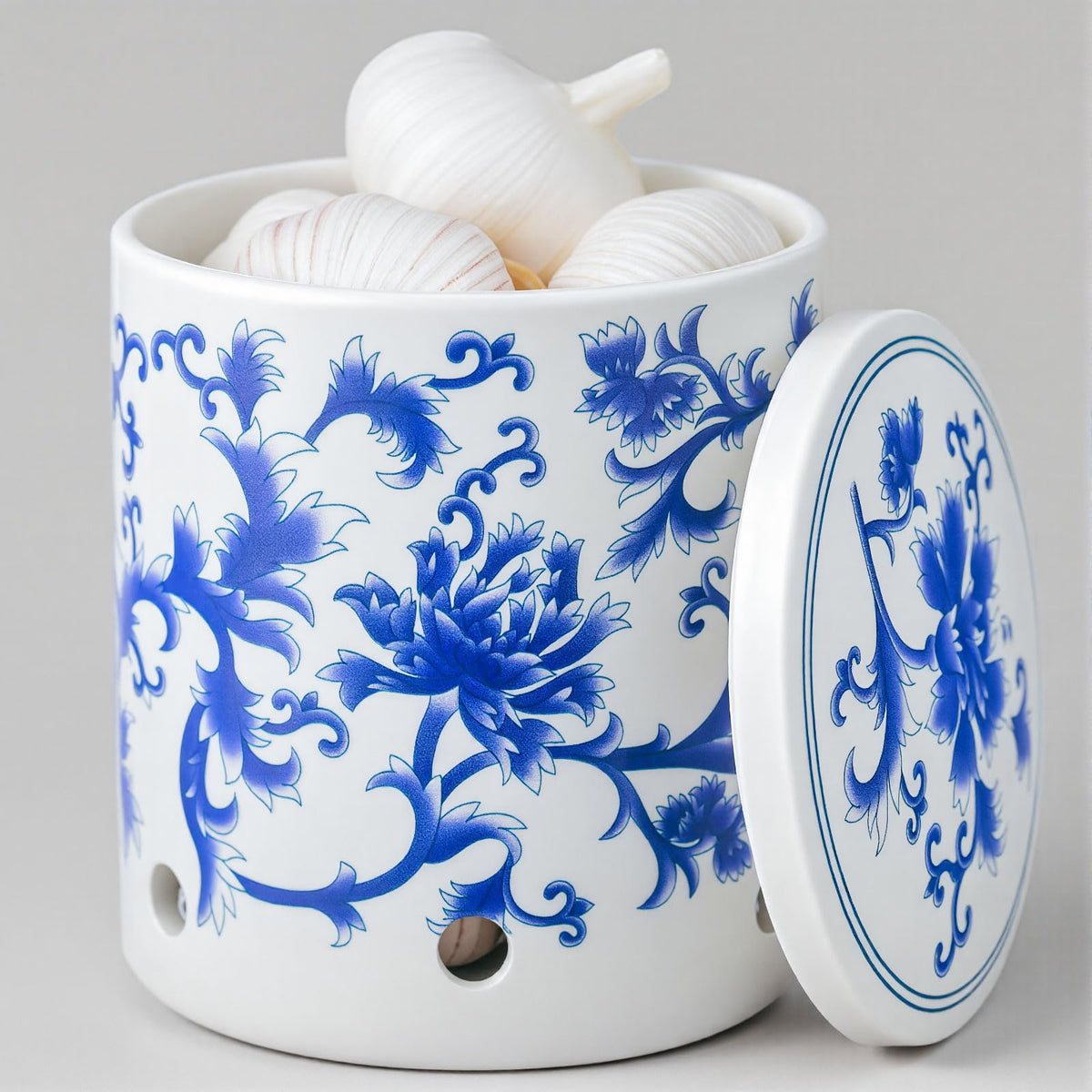 ZENWUKONG jarro cerámico de ajo azul y blanco con flor mantiene el ajo fresco