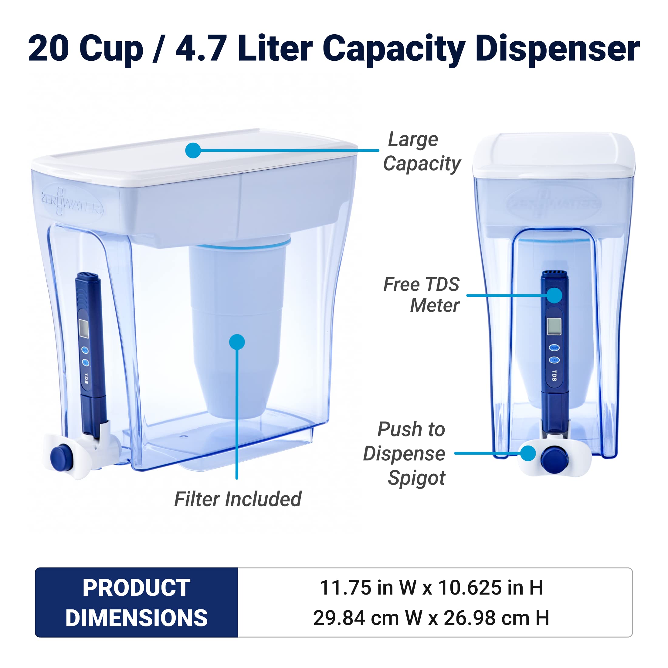 ZeroWater medidor TDS, controla la pureza antes de verter.
