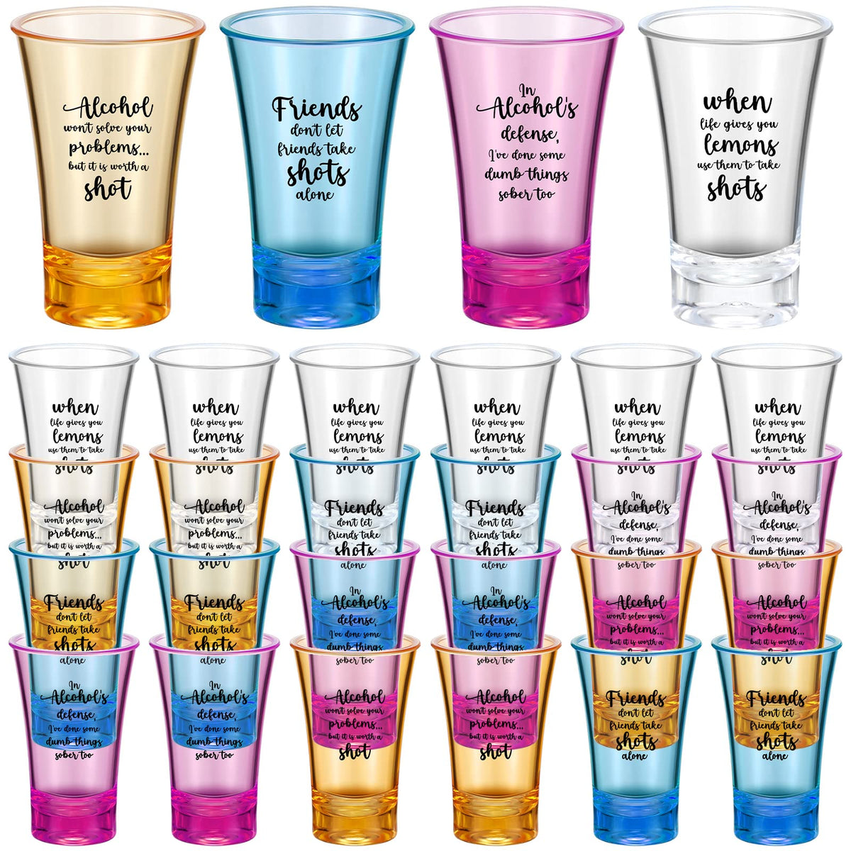 Vasos chupito Zeyune acrílicos coloridos con base pesada, ideal para fiestas.