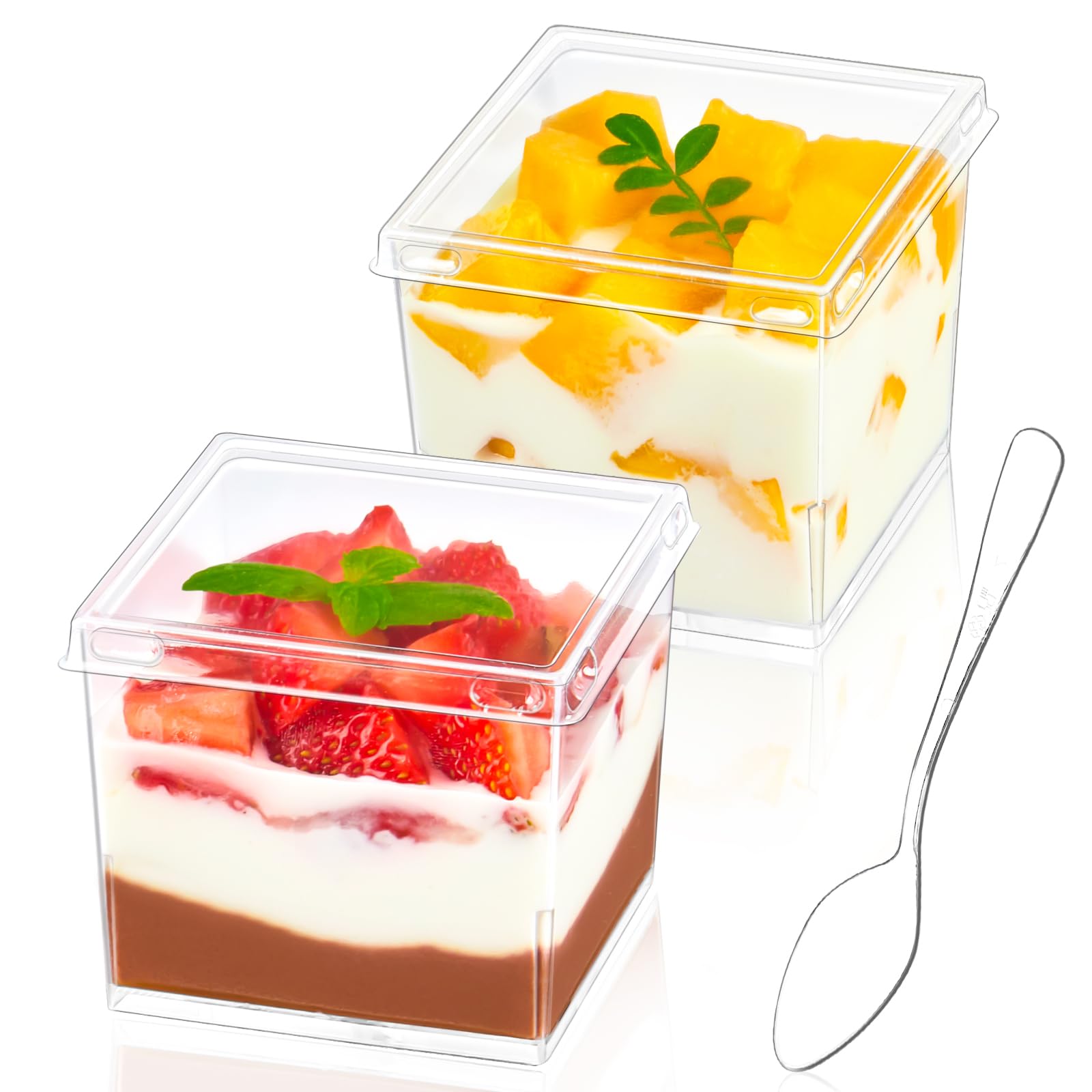 Copas postres Zezzxu mini cuadradas 5oz con tapas y cucharas para porciones individuales.