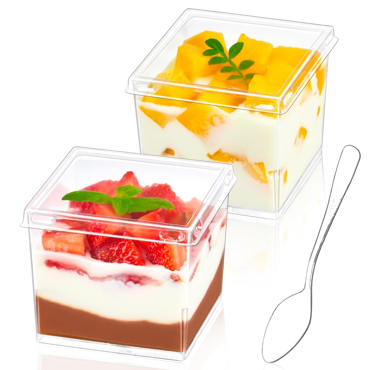 Copas postres Zezzxu mini cuadradas 5oz con tapas y cucharas para porciones individuales.