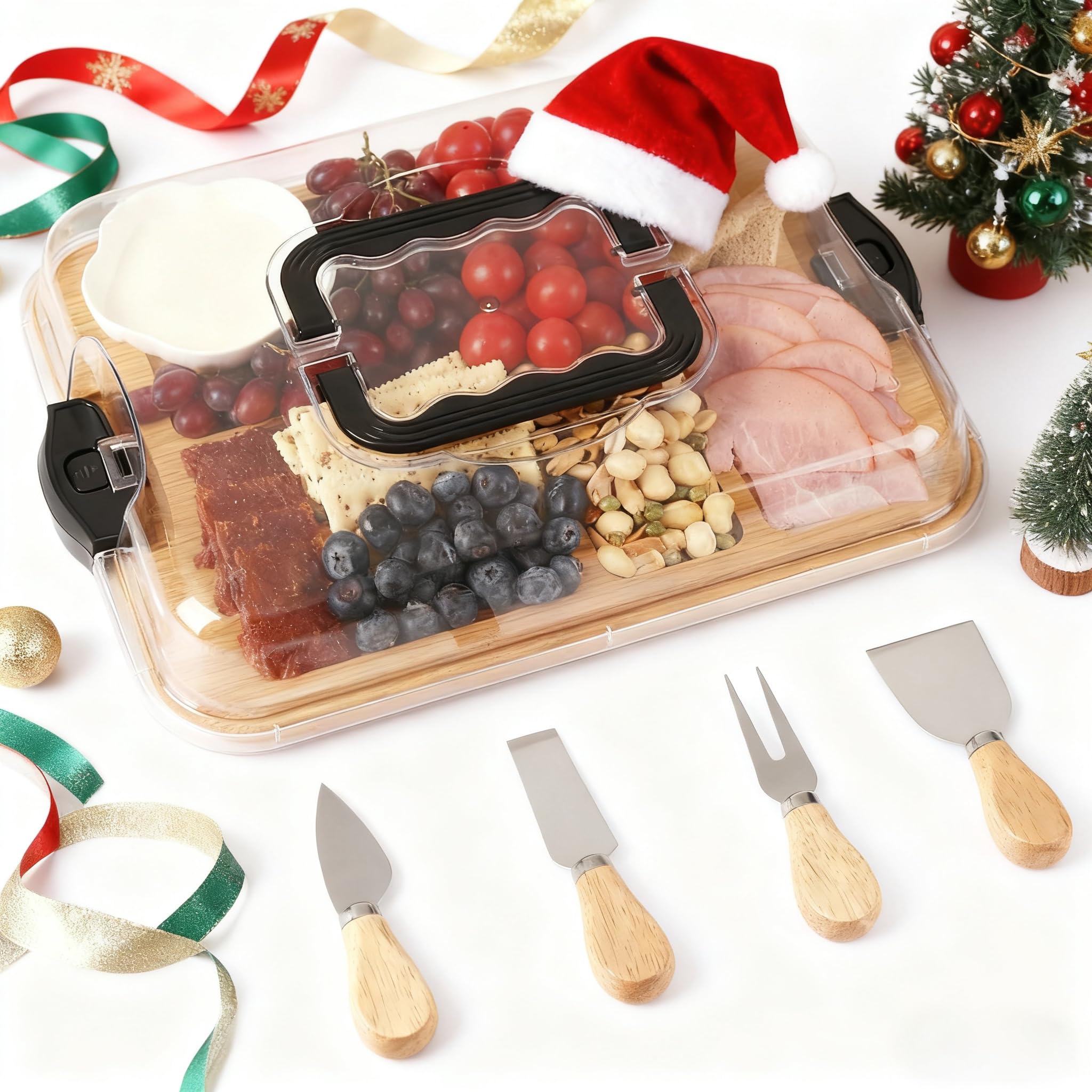 Tablero ZhiYo-Life con tapa transparente cerrada para transporte seguro de aperitivos.