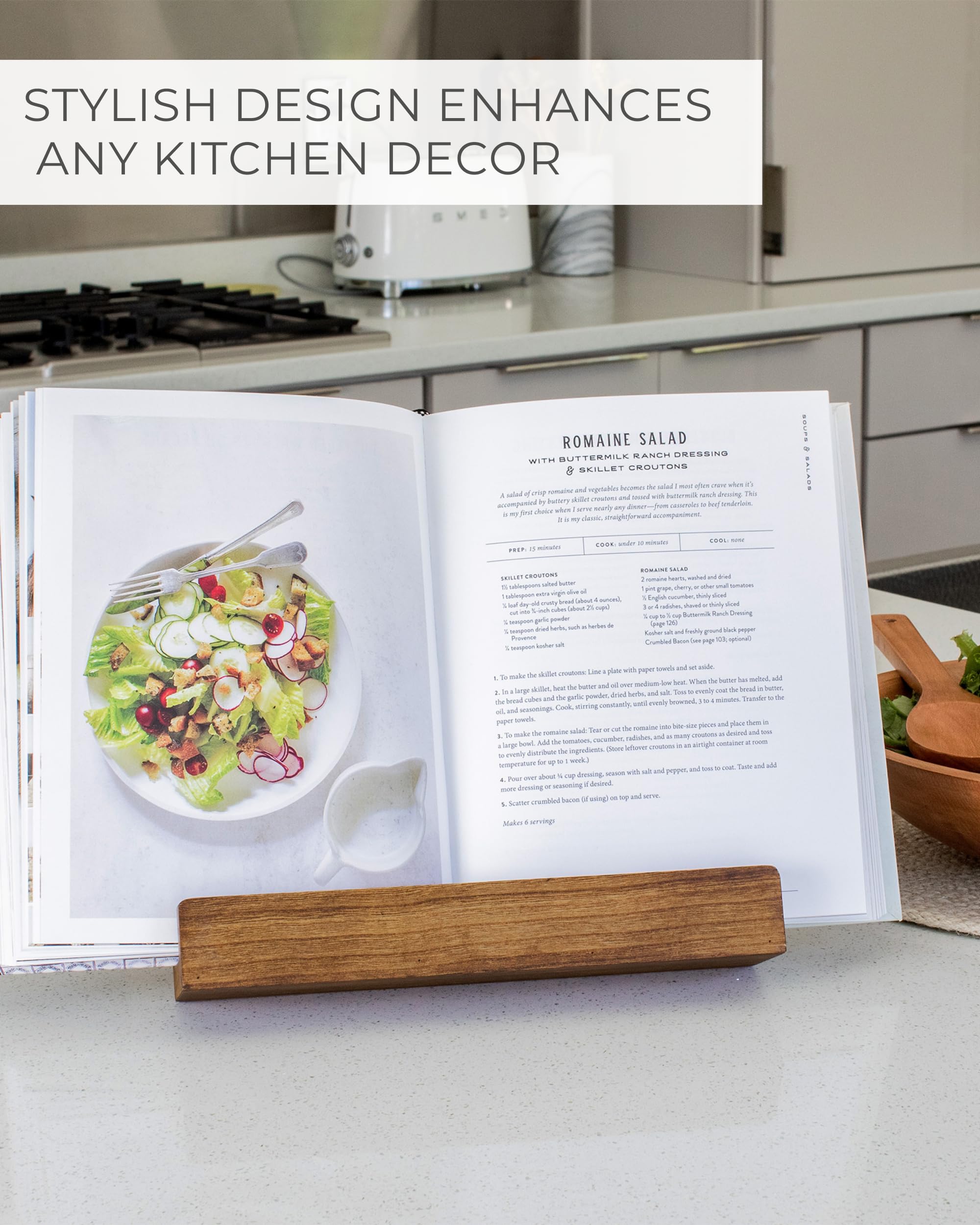 Soporte para libros grandes ZICOTO en madera, ideal para cocinas con recetas pesadas.