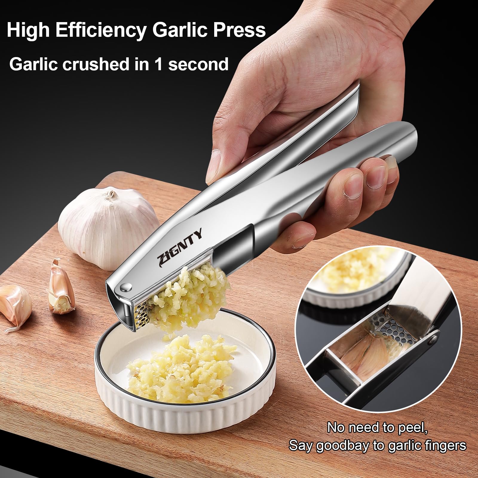 Prensa de ajo ZIGNTY con capacidad grande para varios dientes.