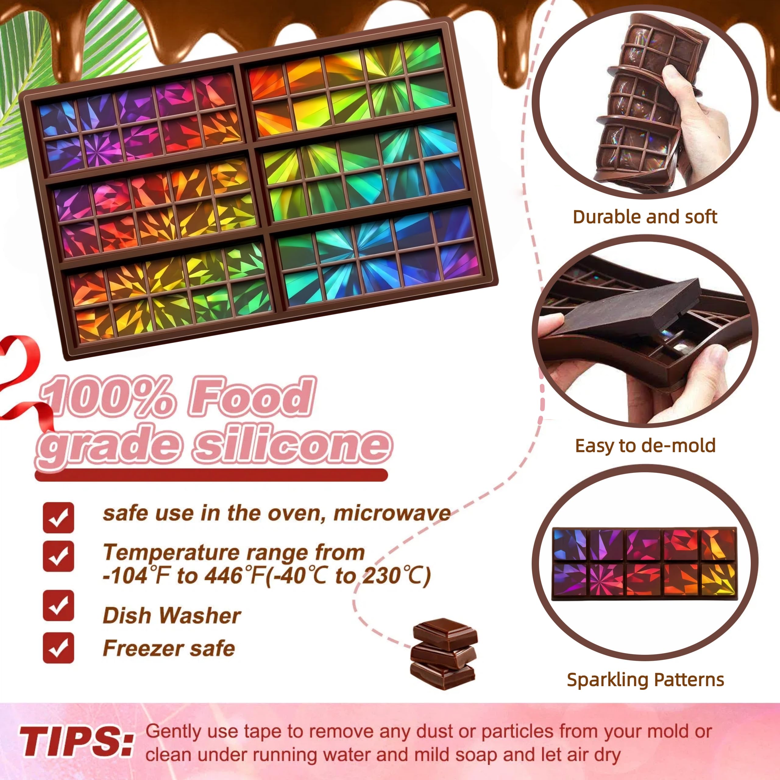 Ziliny molde de chocolate holográfico diamante, patrón deslumbrante para regalos comestibles.