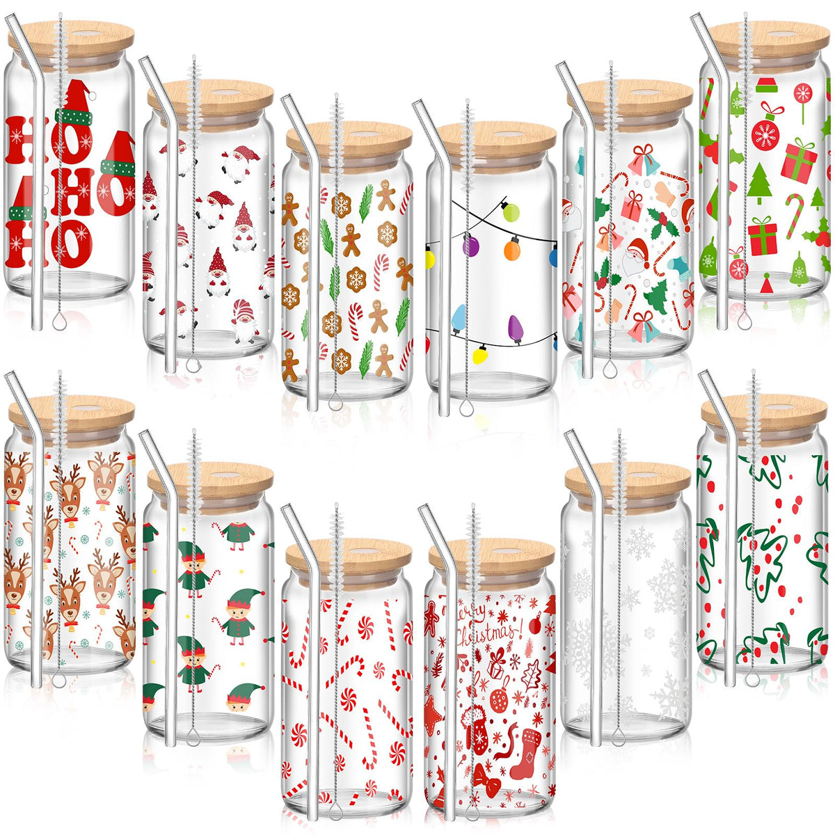 Vasos navideños Ziliny de 16 onzas con tapa de bambú y pajilla de cristal, ideales para brindis.