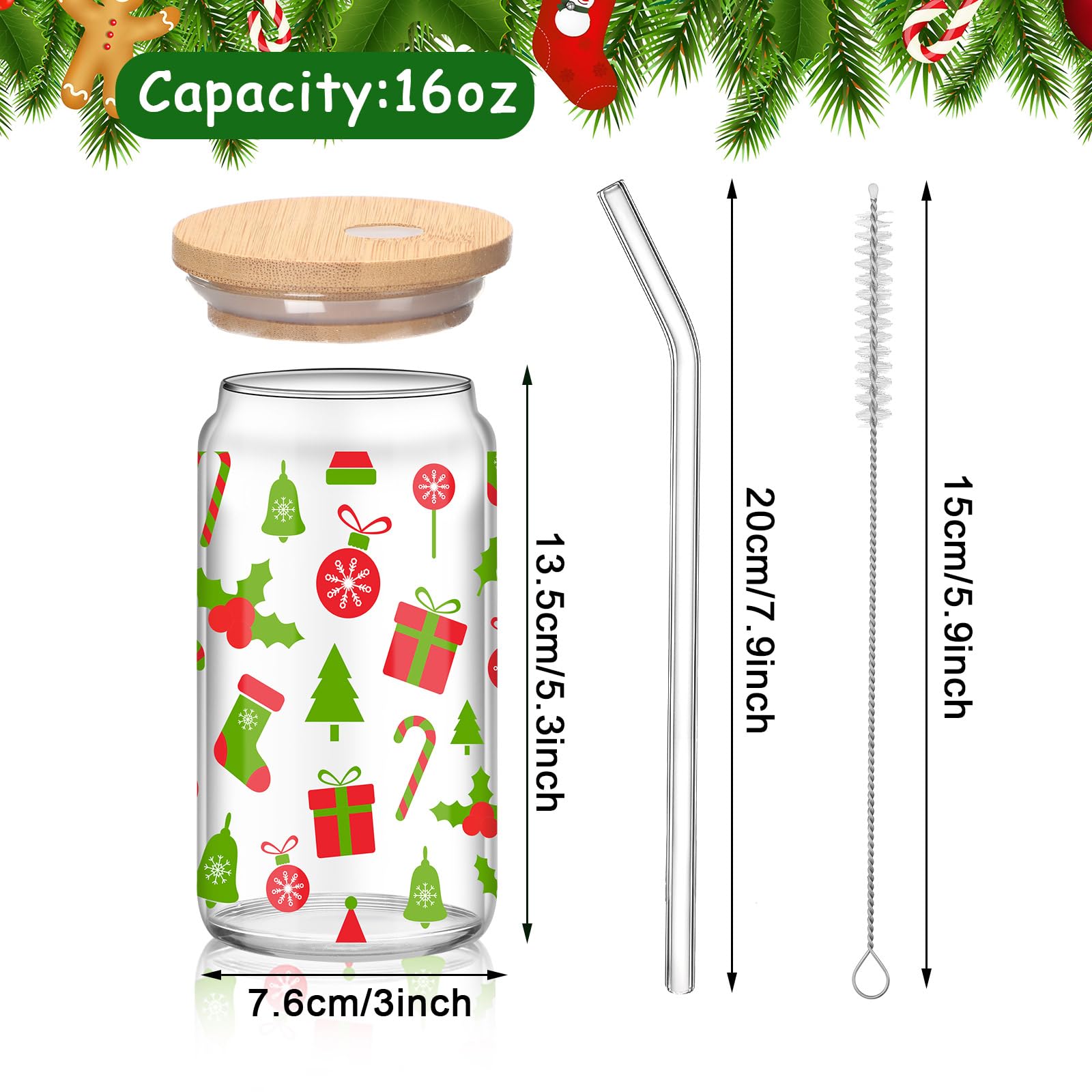 Vaso navideño Ziliny de 16 onzas con tapa de bambú y pajilla de cristal en mesa.