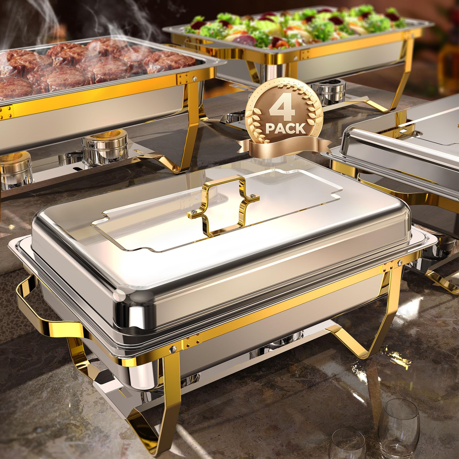 ZILODE: conjunto-chafing-buffet-oro-plata, ideal para fiestas con servicio caliente.