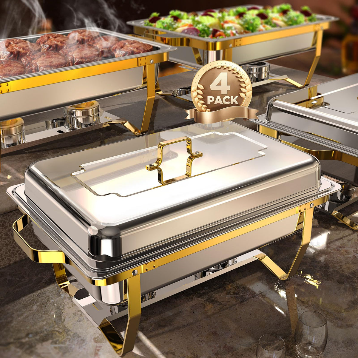 ZILODE: conjunto-chafing-buffet-oro-plata, ideal para fiestas con servicio caliente.