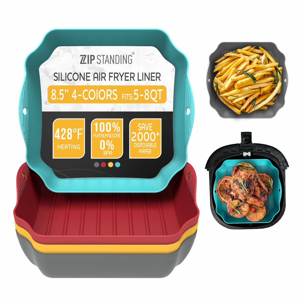 ZIP STANDING bandeja silicona 8.5 pulgadas cuadrada con mangos para freidora de aire, reutilizable