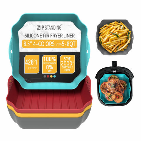 ZIP STANDING bandeja silicona 8.5 pulgadas cuadrada con mangos para freidora de aire, reutilizable
