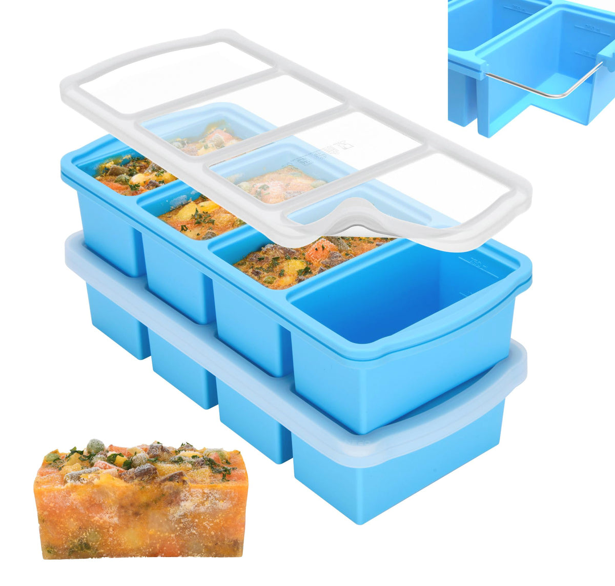 ZIP STANDING: bandeja con tapa para porciones de una taza, ideal para congelar.