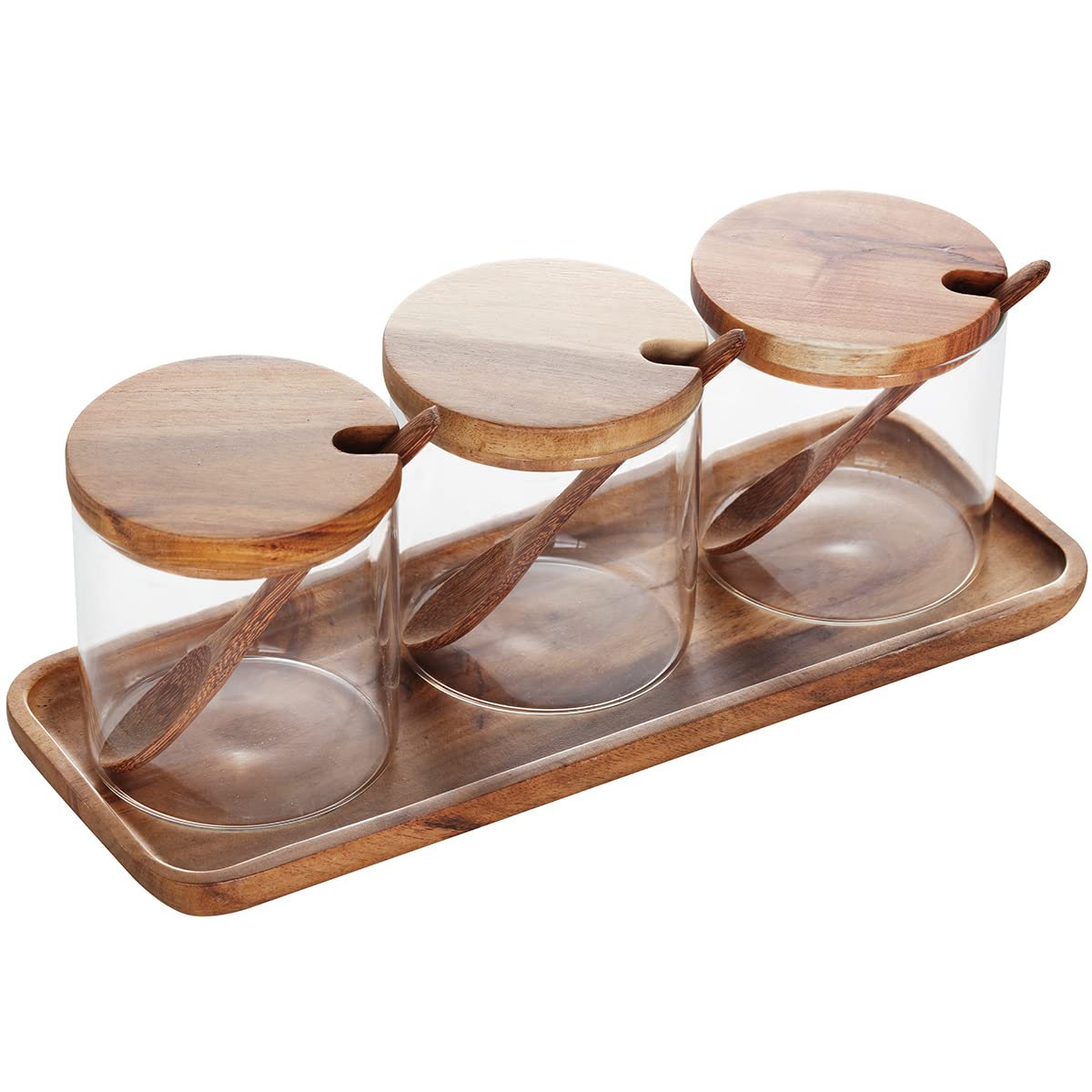 Jarras ZJX0769 de vidrio claro con tapa de acacia y cucharita para especias.