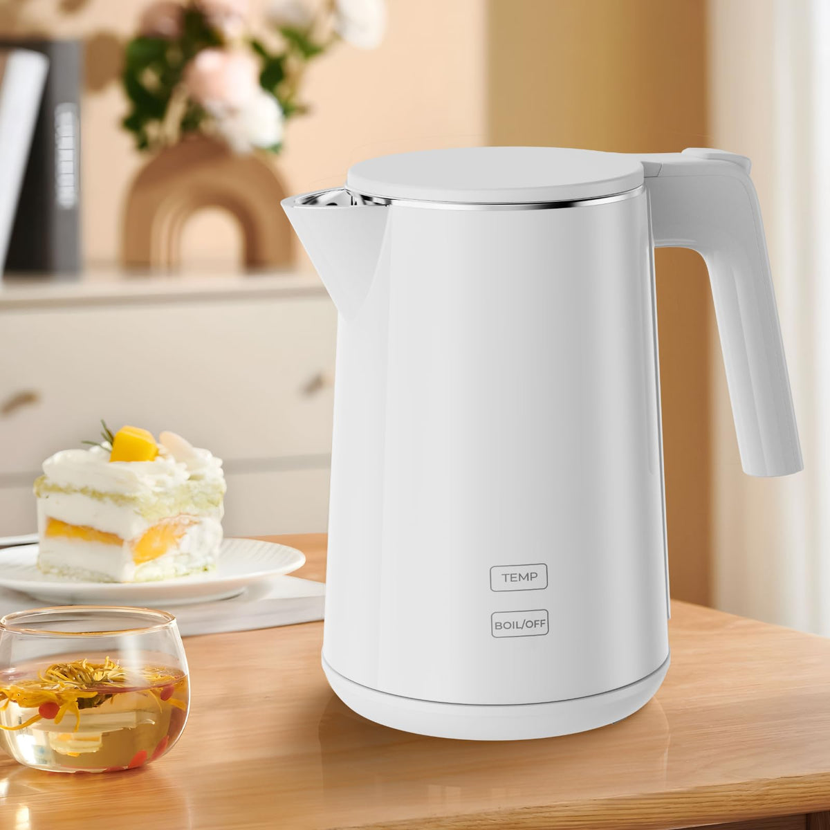 ZKBHOME Olla eléctrica 1L, vista frontal, hervido rápido para té y café.