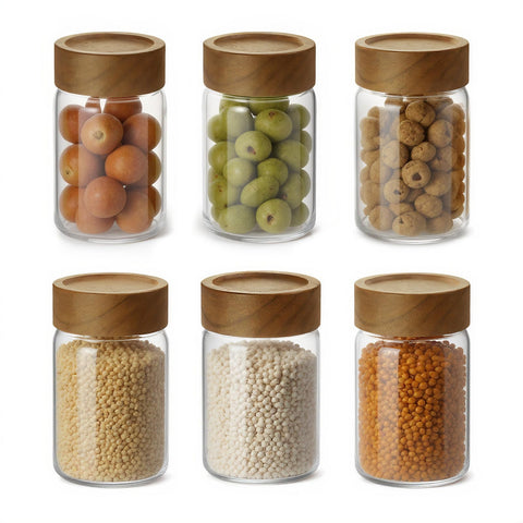 Zoaiirte jarras de vidrio de 236 ml con tapas de acacia, visibles y organizadas.