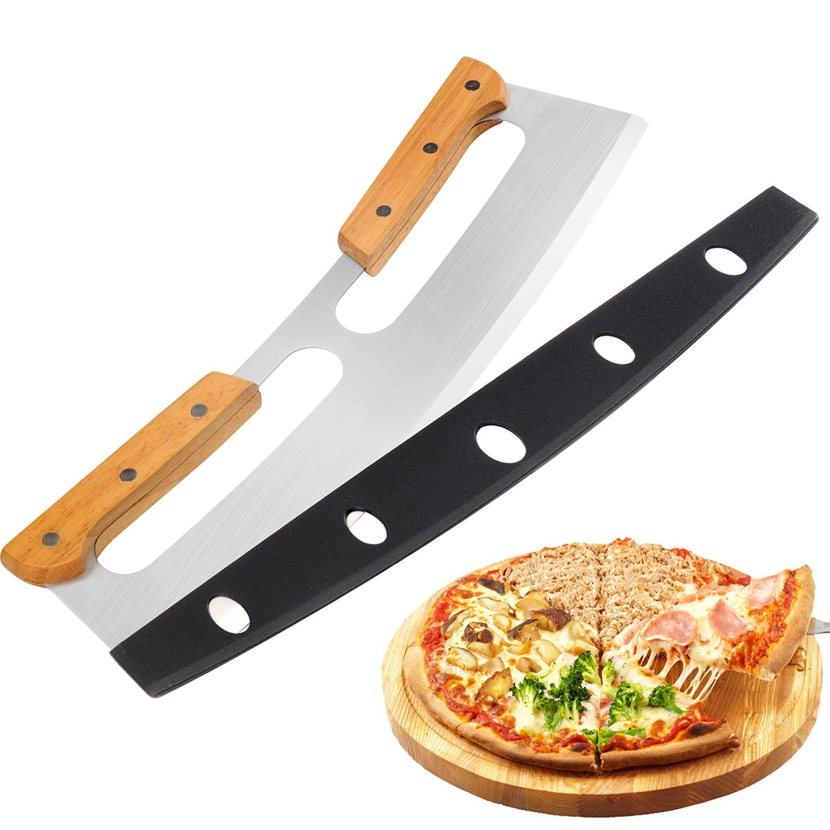 ZOCY cortador de pizza oscilante con manijas dobles de madera para cortes suaves