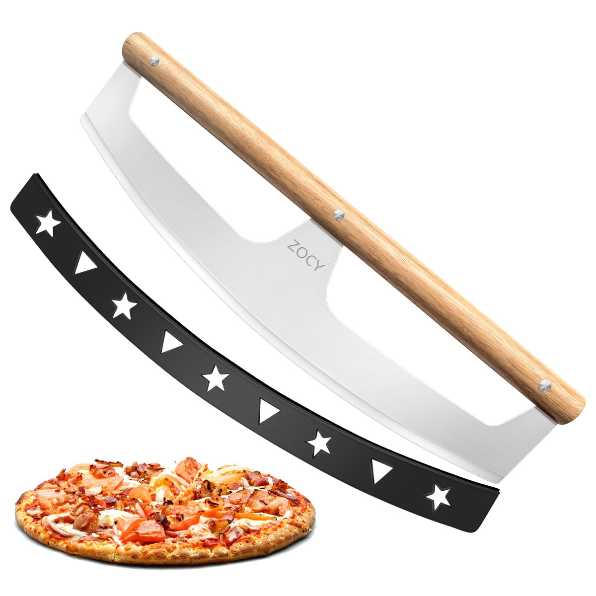 Cortapizza rocker ZOCY con mangos de madera para agarre cómodo.