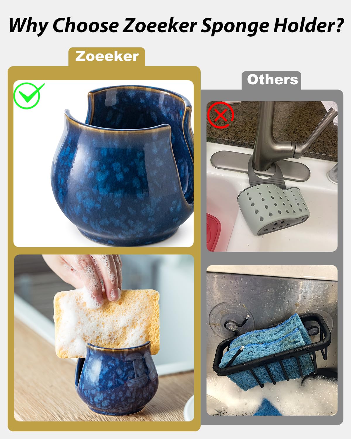 Zoeeker porta-esponjas cerámico azul sobre el fregadero para esponjas secas.